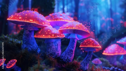 Group of Glowing Mushrooms in a Forest