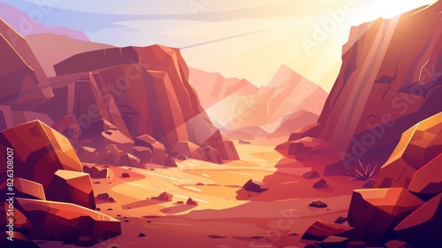 Desert cartoon illustration. Blunder boulder formation in the canyon. Dry wild rocky cliffs in Utah. Sunlight rays in American wilderness.