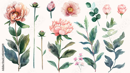 Pastel watercolor illustrations of floral elements, including pink peonies and green leaves, isolated on white background