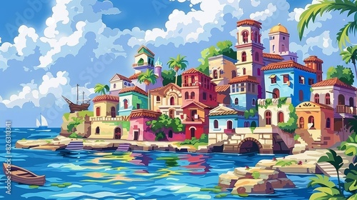 It's a cute old town on an island in the ocean, a port by the sea. A postcard from a traveler. A painting for a child's room of an old town landscape.