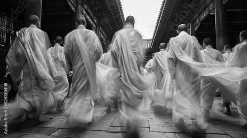 monks in solemn procession to sacred ceremony spiritual tradition captured in black and white photography