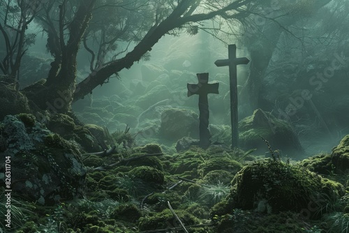 Enigmatic woodland scene with fog and crosses amidst mosscovered stones