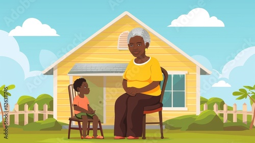In this illustration, a black elderly woman sits with a child near a house while sitting on a chair