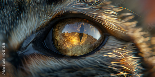 A closeup of a cats eye The eye is a deep golden color with a black pupil The fur around the eye is a mix of brown and black 