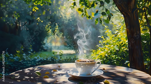 A steaming cup of coffee on the table outdoors with green trees and sunlight in the background. 