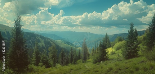 Beautiful panoramic view of lush green mountain valley with pine trees under a partly cloudy sky on a sunny day in a scenic landscape.