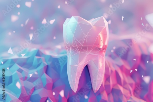 A design layout for a dental clinic homepage features a low poly teeth treatment illustration. This 3D illustration highlights modern dental services and teeth whitening creating an innovative dental