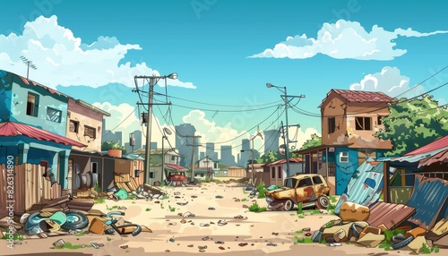 Poor dirty houses in a ghetto area are depicted in a 2D illustrated cartoon cityscape with slum buildings and shacks portraying a shantytown street with old houses a broken car and trash.