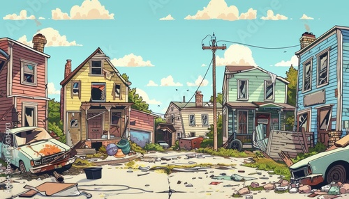 Poor dirty houses in a ghetto area are depicted in a 2D illustrated cartoon cityscape with slum buildings and shacks portraying a shantytown street with old houses a broken car and trash.