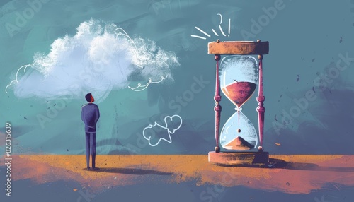 A hand-drawn style modern illustration depicting a man looking at an hourglass and thinking about deadlines. This design captures the stress and worry associated with approaching deadlines.