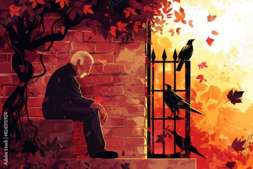 A modern illustration of an older widower grieving for his departed husband and lover capturing the concept of a romantic breakup and departed love.