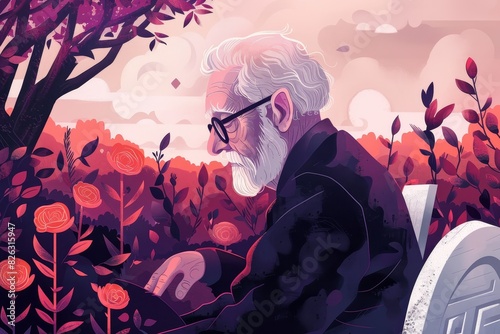 A modern illustration of an older widower grieving for his departed husband and lover capturing the concept of a romantic breakup and departed love.