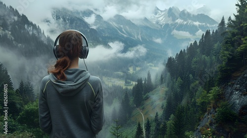 A woman wearing headphones stands on the edge of an alpine mountain valley, looking at mountains and forests in front of her. 