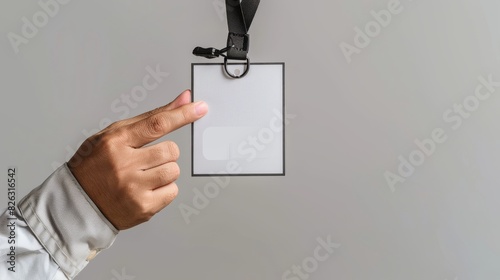 Identifier holder with black lanyard, white, held by hand