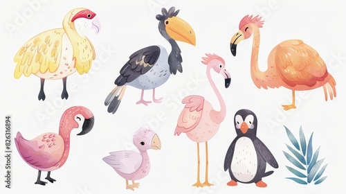 A set of cute baby animals including a parrot ostrich flamingo penguin and pelican is depicted in a watercolor style. These flat vector illustrations are isolated on a white background.