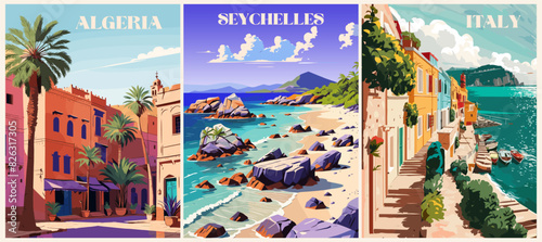Set of Travel Destination Posters in retro style. Seychelles, Algeria, Positano, Italy digital prints. International summer vacation, holidays concept. Vintage vector colorful illustrations.
