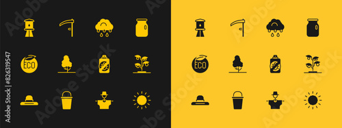 Set Glass jar with screw-cap, Bucket, Spray against insects, Scarecrow, Fruit tree, Cloud rain, Water tower and Scythe icon. Vector