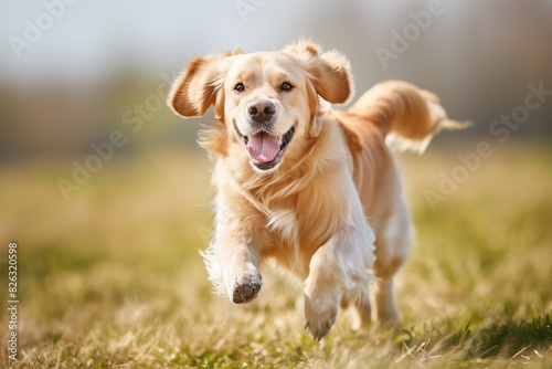 A lively golden retriever dog is captured dashing towards the camera across a lush green lawn. The dog's expression reveals a sense of excitement and exuberance.