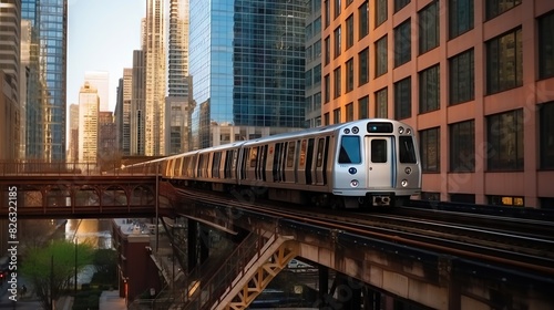 An urban cityscape featuring an elevated train line with a train approaching, amidst high-rise buildings at dusk