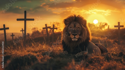 a lion at sunset with crosses in the background
