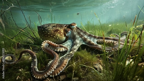  An octopus sits in the grass, mouth agape and head turned, appearing as if emerging from water