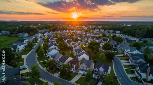 New Luxury Houses in Maryland Upper Middle Class Neighborhood at Sunset