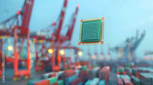 Importing and exporting microchips, increasing prices and demand for microchips, microchip hovering at the center with a blurry shipping port in the background