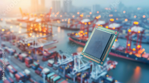 Importing and exporting microchips, increasing prices and demand for microchips, microchip hovering at the center with a blurry shipping port in the background