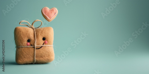 Felted parcel with a cute Kawaii smiling face and a pink pink heart on a pastel blue background with copy space