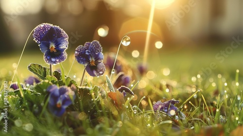  A cluster of vibrant purple blossoms resting atop a verdant, dappled field, adorned with raindrops