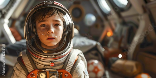 Portrait of a young boy in an astronaut suit inside a spaceship, capturing the essence of childhood dreams and space exploration.