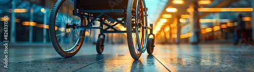 A wheelchair sits empty in a brightly lit hallway