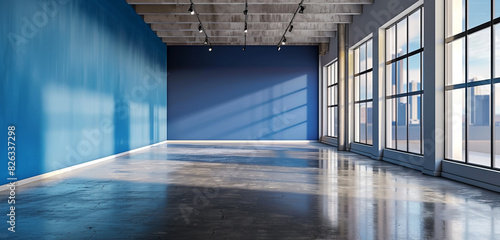 Empty exhibition hall with cobalt blue wall, glossy concrete floor, and front windows. 3D rendering, mockup.