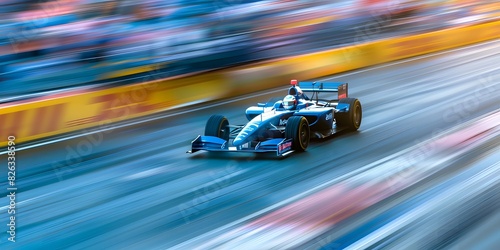 exhilarating moment of a Formula 1 race car hurtling around a racetrack. The car is in motion, and its speed is evident from the blurred background and track