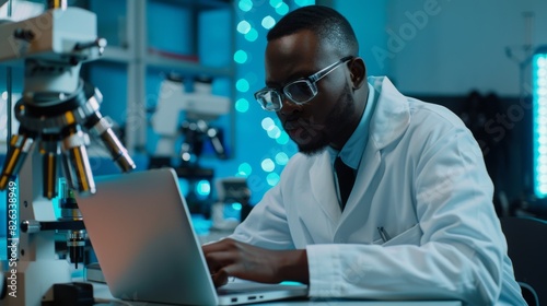 In a high tech factory, handsome bio technology engineer is working with a laptop computer, analyzing a robotic machine concept. African scientist is manipulating and programming the robot.