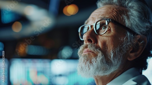 A middle-aged man monitoring Listed Companies and Funds, Unit Trusts, Derivatives, Pooled Investment Products, Bonds and Unit Trusts in a modern market firm