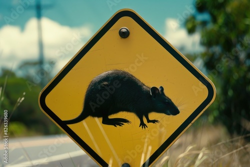 A yellow and black sign with a rat illustration. Suitable for warning signs