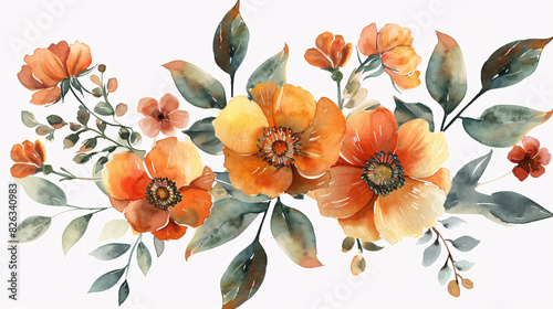 Watercolor illustrations of floral elements, including blooming peonies and nature-inspired decorations, isolated on white background