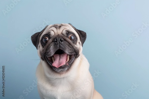In the studio photo, a friendly pug is captured pulling a funny face, radiating charm and playfulness. This portrait perfectly captures the lovable and humorous nature of the pug.
