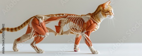 3D render of a cute cat with muscles on a white background, in the style of a medical illustration, visualizing anatomy structures