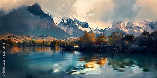 mountain landscape. In the background, there’s a striking range of jagged mountains, their peaks reaching toward the sky
