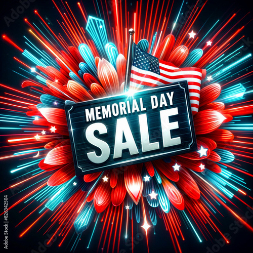 A vibrant burst of red and blue beams emulates from the center, radiating energy and excitement around a sign that announces a Memorial Day Sale.Digitl illustration created with generative ai.