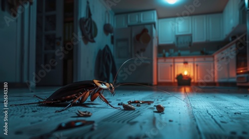 A cockroach on the kitchen floor. Suitable for pest control ads