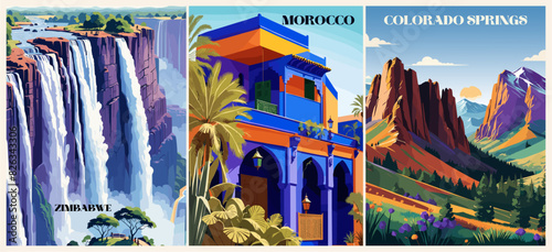 Set of Travel Destination Posters in retro style. Colorado Springs, USA, Zimbabwe, Morocco prints. Summer vacation, holidays concept. Vintage vector illustrations.