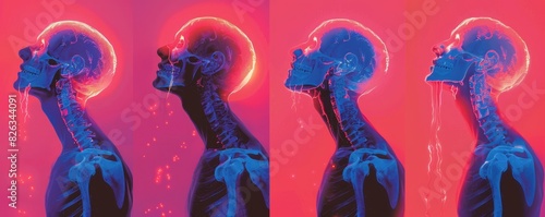 A series of images showing the different stages and effects of pain in the human body. One side glows red to represent intense pain and the other blue for relief
