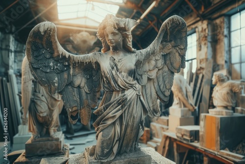 A serene angel statue displayed in a workshop. Ideal for religious or artistic projects