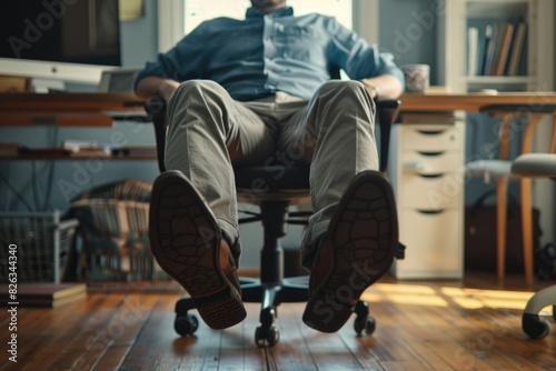 A man relaxing in a chair with his feet propped up. Suitable for lifestyle and relaxation concepts