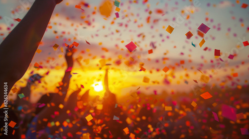 Vibrant image of hands up in celebration during sunset, with flying confetti creating a festive mood