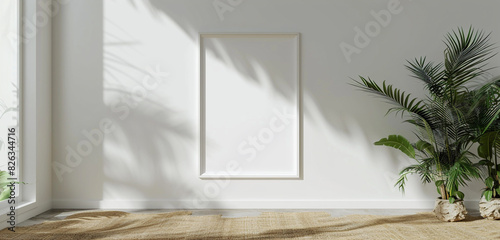 Blank frame in an empty room with a white wall and a sisal floor. 3D rendered mockup in ultra HD.