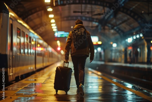 A person walking with a suitcase on a train platform. Suitable for travel concepts